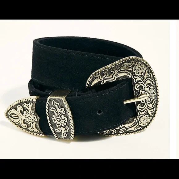 NWT ORNATE FREE PEOPLE GENUINE SUEDE BELT BLACK/GOLD Sz S/M - Picture 2 of 7